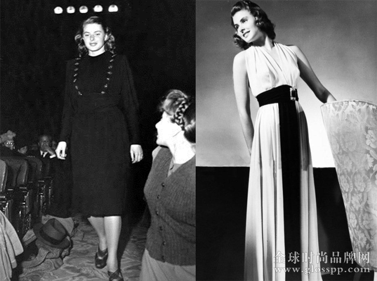 左图为鲍曼1944年获得奥斯卡奖时红毯造型，右图为她演绎的礼服造型